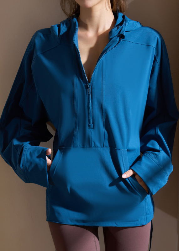 Blue Zippered Drawstring Loose Hooded Yoga Coats