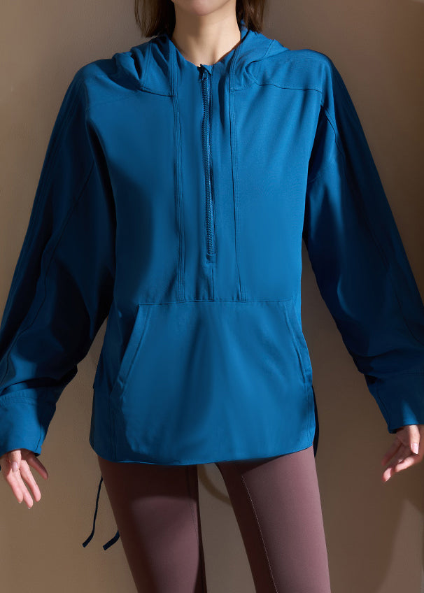 Blue Zippered Drawstring Loose Hooded Yoga Coats