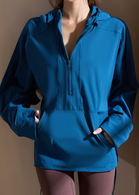 Blue Zippered Drawstring Loose Hooded Yoga Coats