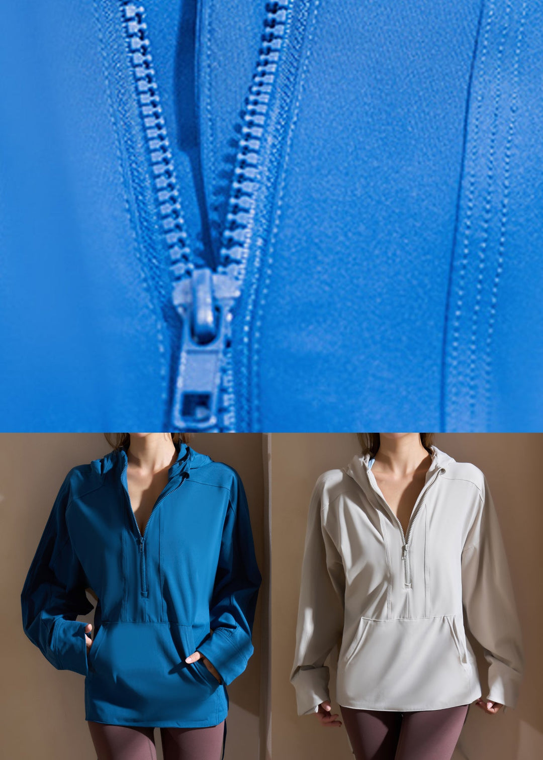 Blue Zippered Drawstring Loose Hooded Yoga Coats