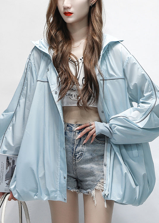 Blue Zippered Pockets Thin Cotton Summer Coats Hooded
