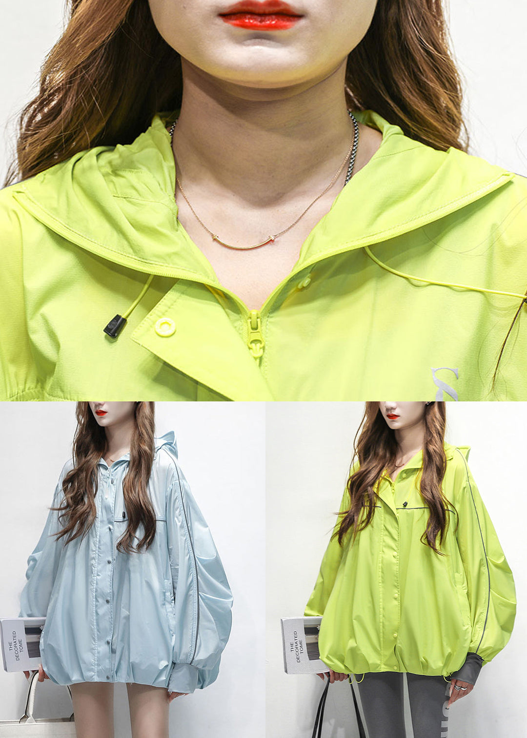 Blue Zippered Pockets Thin Cotton Summer Coats Hooded