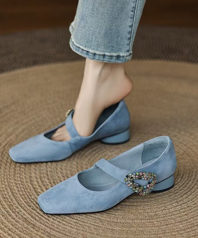 Blue Zircon Buckle Strap Splicing Suede Chunky Shoes