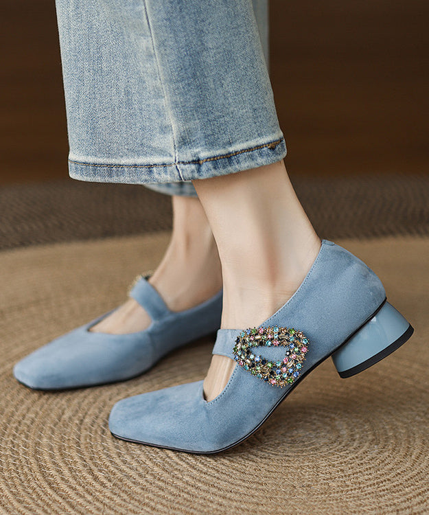 Blue Zircon Buckle Strap Splicing Suede Chunky Shoes