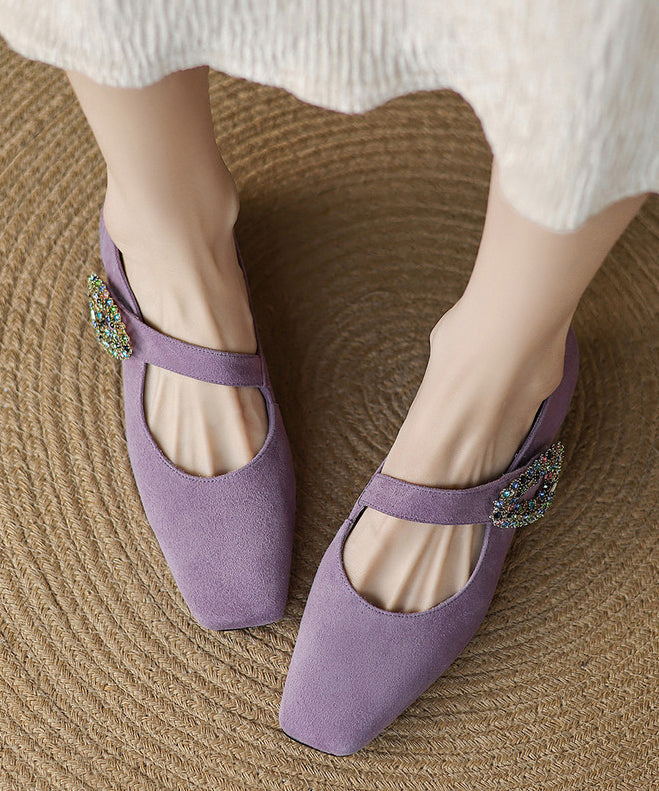 Blue Zircon Buckle Strap Splicing Suede Chunky Shoes