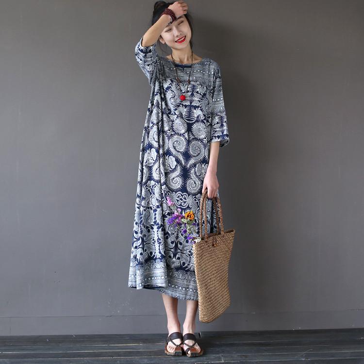 Blue Flower Vintage Dress Women Clothes