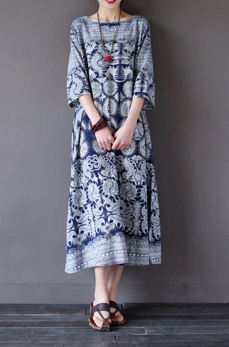 Blue Flower Vintage Dress Women Clothes