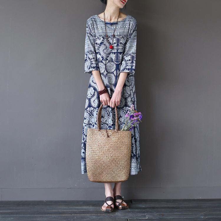 Blue Flower Vintage Dress Women Clothes