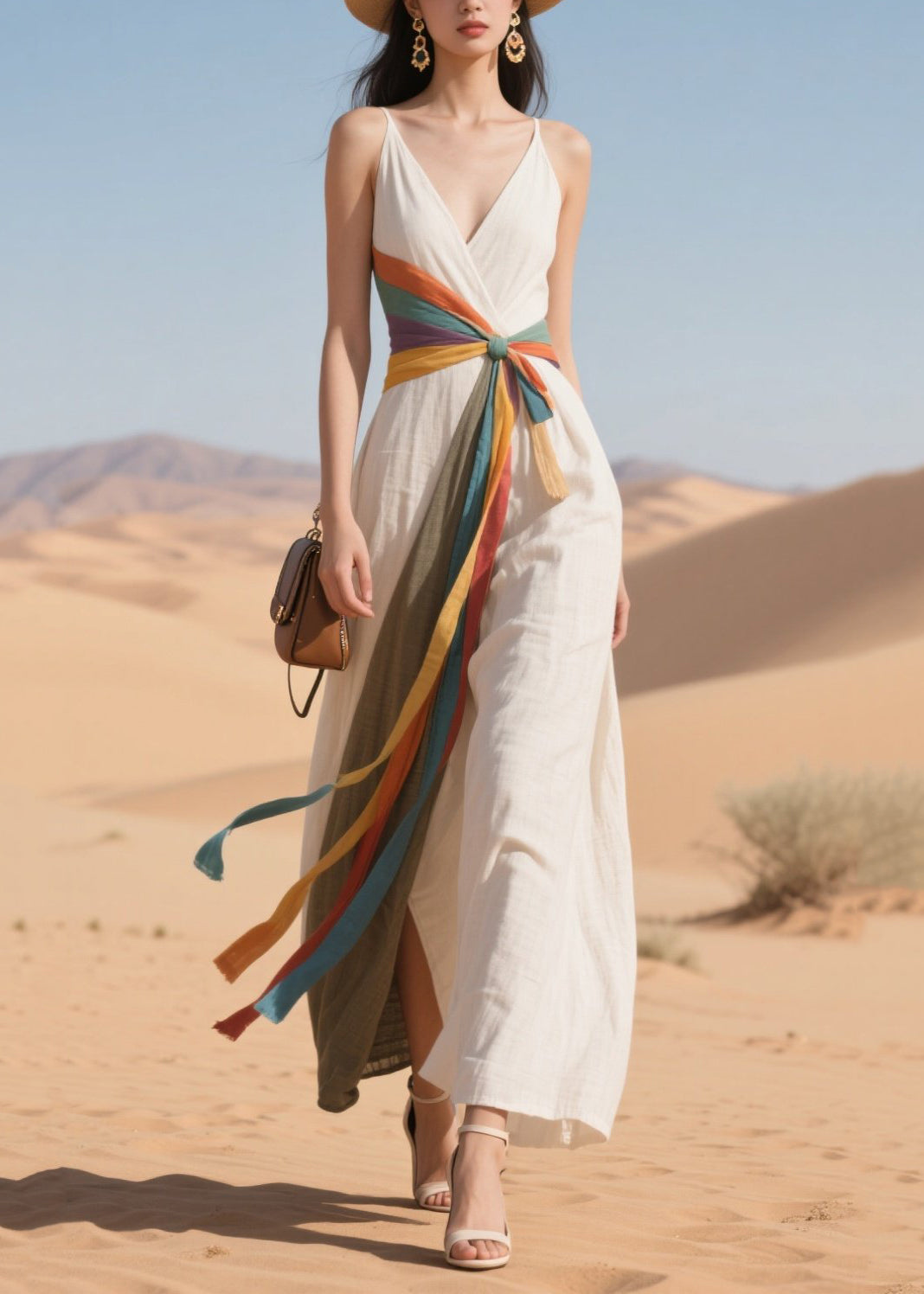 Bobo White V Neck Patchwork Side Open Cotton Holiday Dress Summer