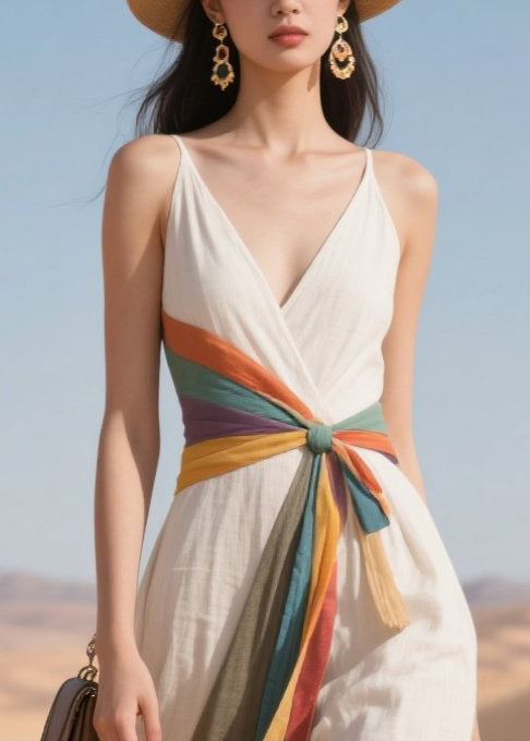 Bobo White V Neck Patchwork Side Open Cotton Holiday Dress Summer