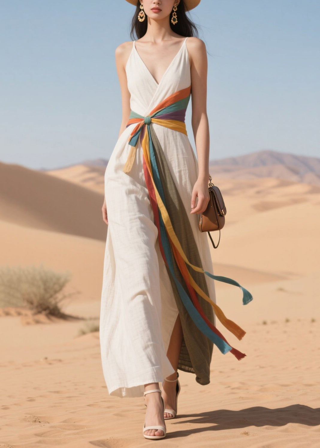 Bobo White V Neck Patchwork Side Open Cotton Holiday Dress Summer