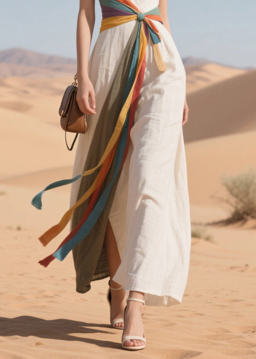 Bobo White V Neck Patchwork Side Open Cotton Holiday Dress Summer