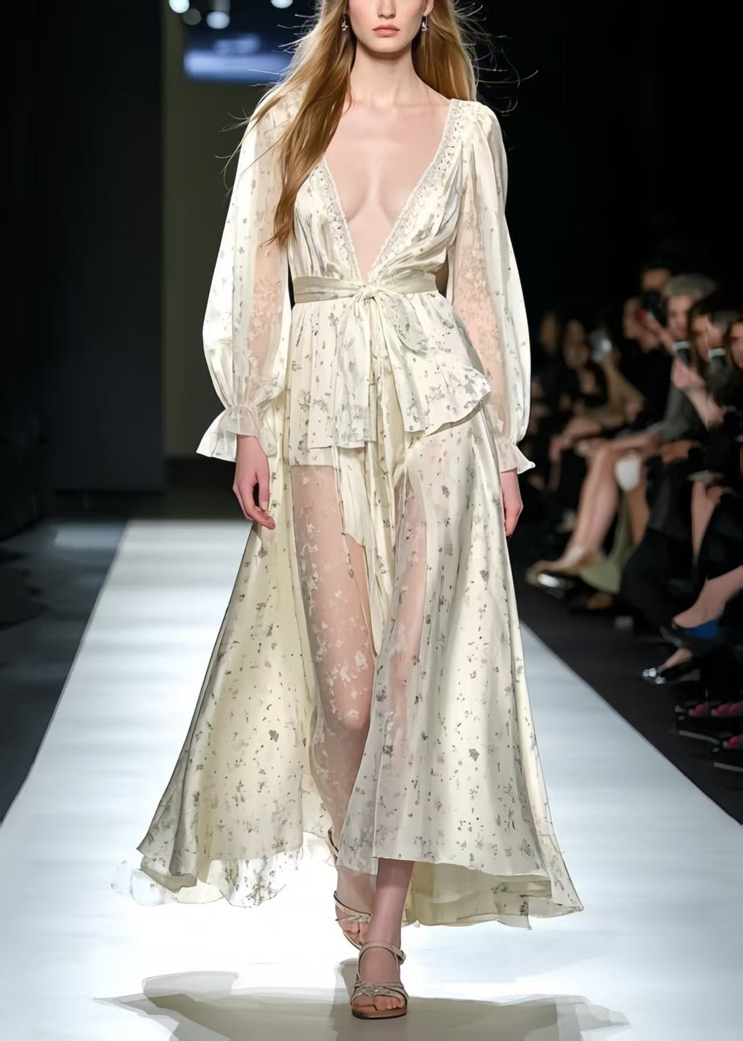 Bohemian Apricot Deep-V Print Silk Holiday Dress Summer