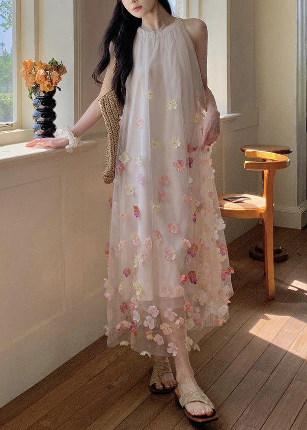 Bohemian Apricot Oversized Floral Decorated Tulle Holiday Dresses Sleeveless