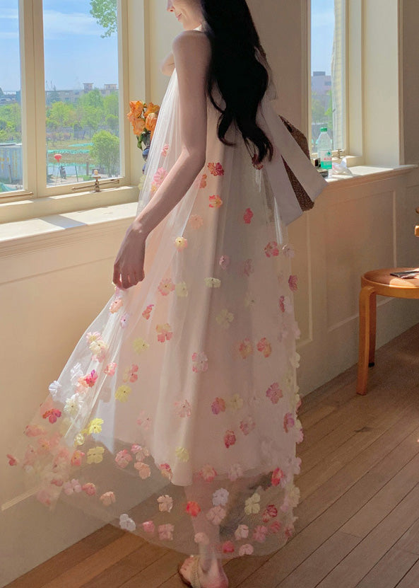 Bohemian Apricot Oversized Floral Decorated Tulle Holiday Dresses Sleeveless