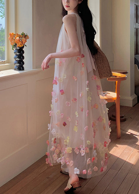 Bohemian Apricot Oversized Floral Decorated Tulle Holiday Dresses Sleeveless