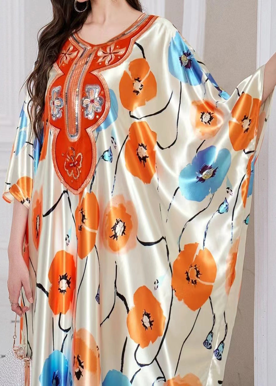Bohemian Apricot Oversized Print Silk Holiday Dress Summer