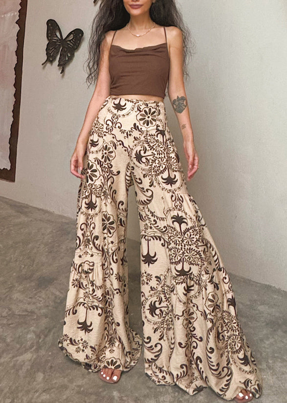 Bohemian Apricot Print Cotton Wide Leg Pants Summer