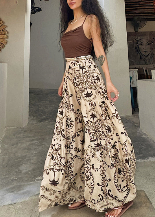 Bohemian Apricot Print Cotton Wide Leg Pants Summer