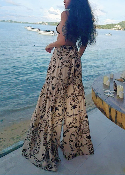 Bohemian Apricot Print Cotton Wide Leg Pants Summer