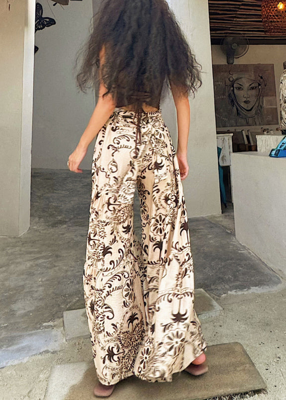 Bohemian Apricot Print Cotton Wide Leg Pants Summer
