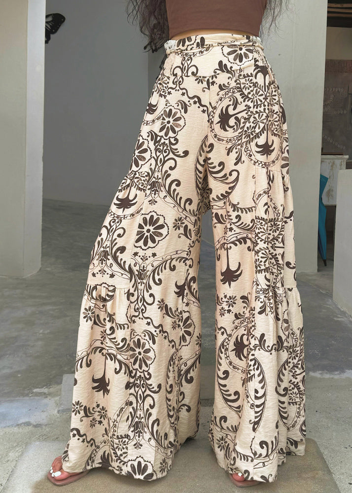 Bohemian Apricot Print Cotton Wide Leg Pants Summer