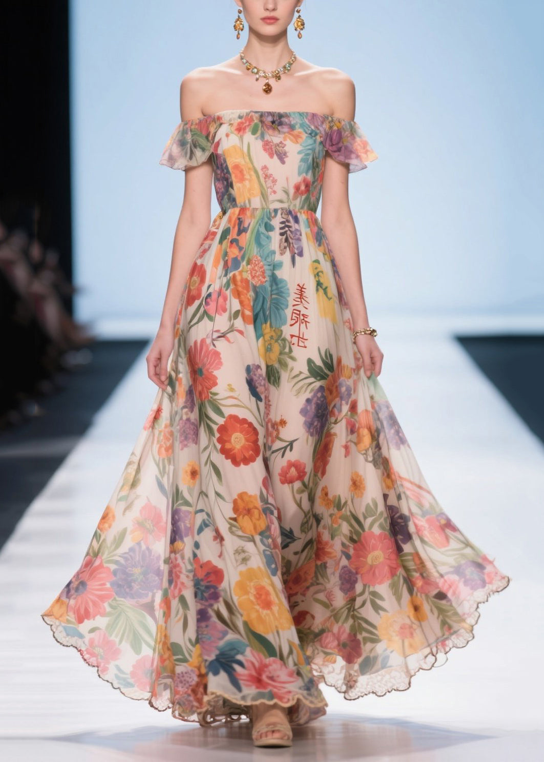 Bohemian Apricot Print Exra Large Hem Chiffon Strapless Dress Summer