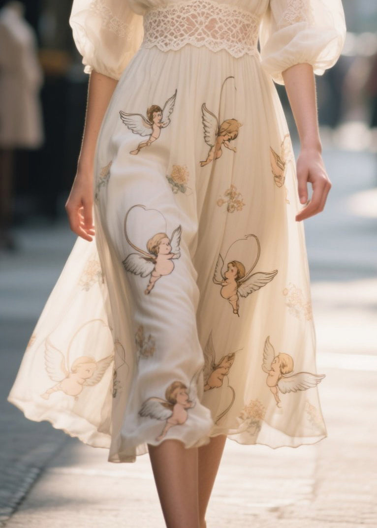 Bohemian Apricot Print Lace Patchwork Chiffon Dress Summer