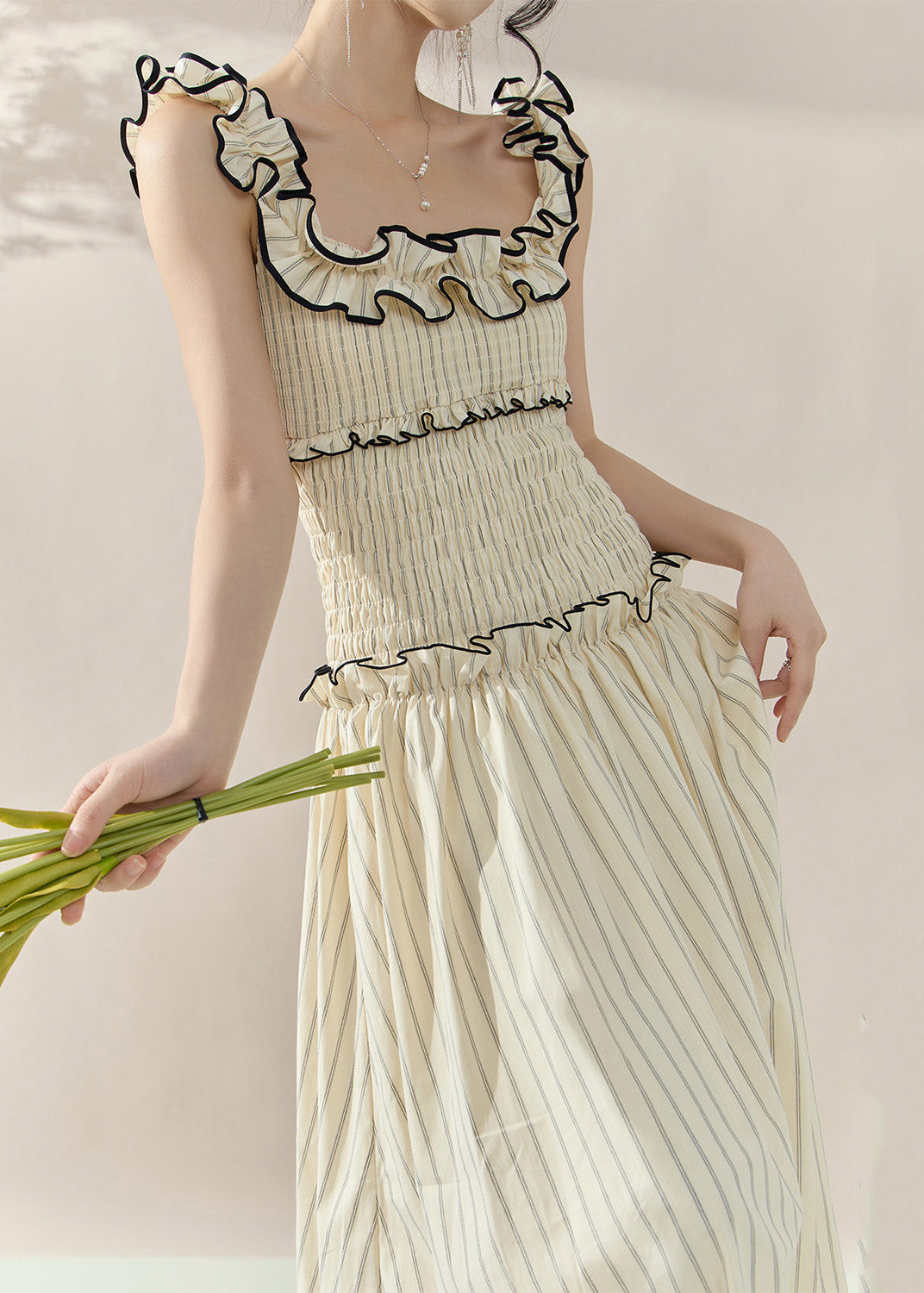 Bohemian Apricot Ruffled Patchwork Slim Long Dress Sleeveless