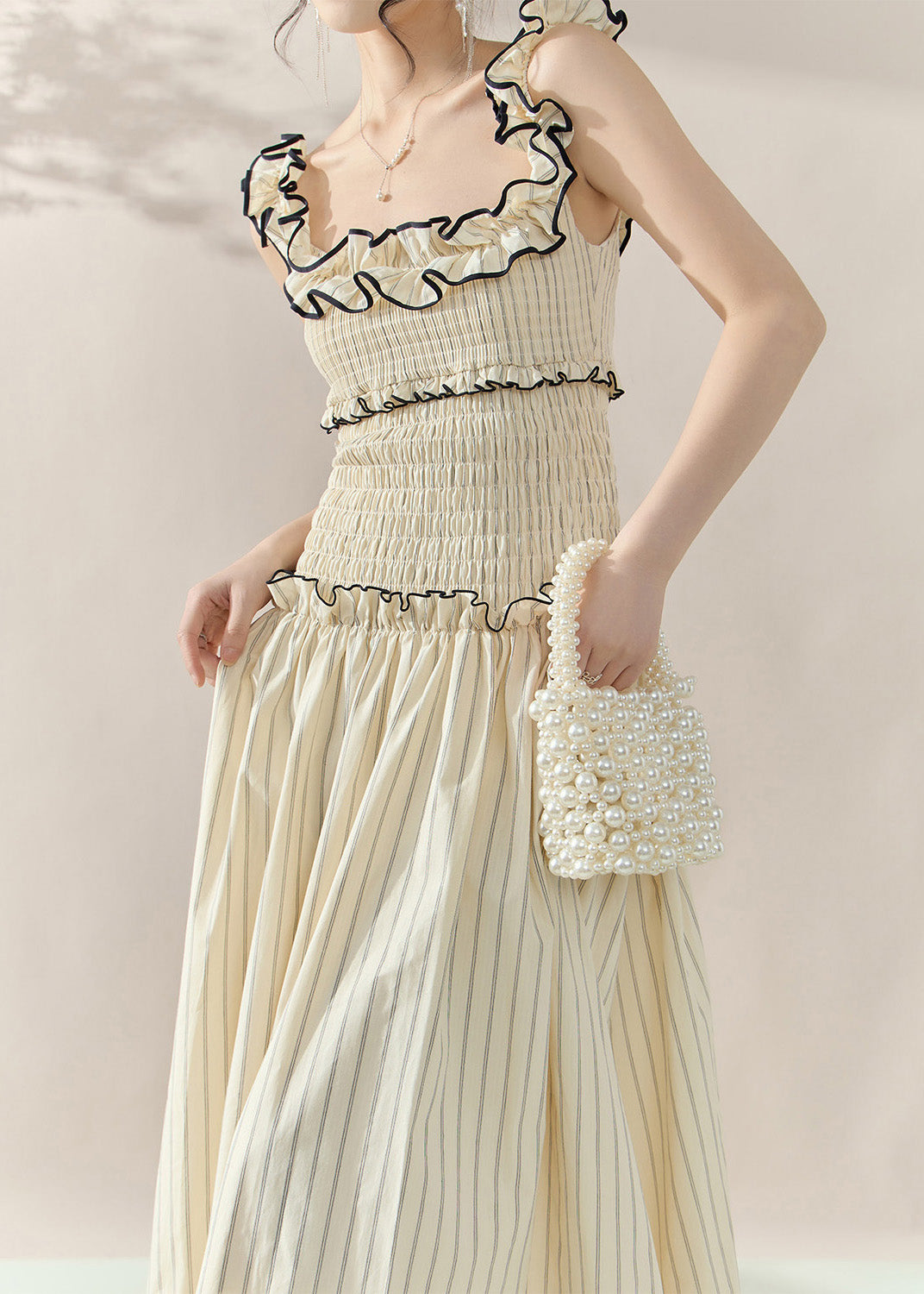 Bohemian Apricot Ruffled Patchwork Slim Long Dress Sleeveless