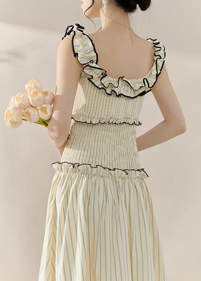 Bohemian Apricot Ruffled Patchwork Slim Long Dress Sleeveless