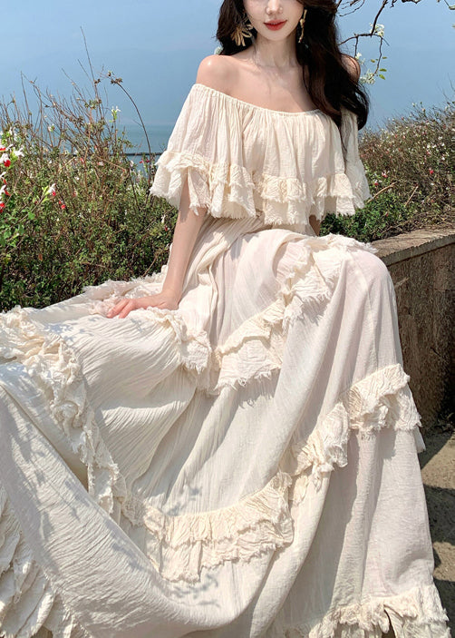 Bohemian Apricot Slash Neck Ruffled Cotton Exra Large Hem Dress Summer