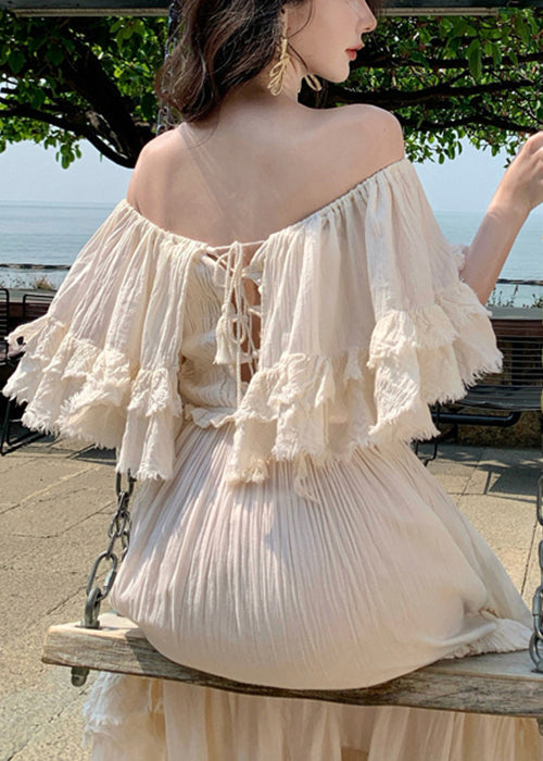 Bohemian Apricot Slash Neck Ruffled Cotton Exra Large Hem Dress Summer