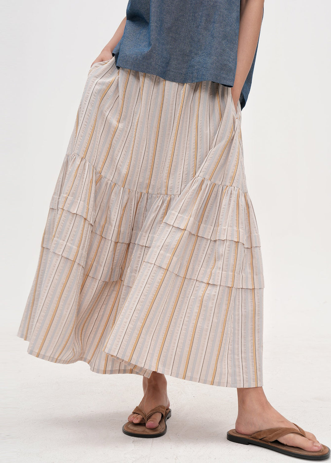 Bohemian Apricot Striped Patchwork Cotton Skirt Summer