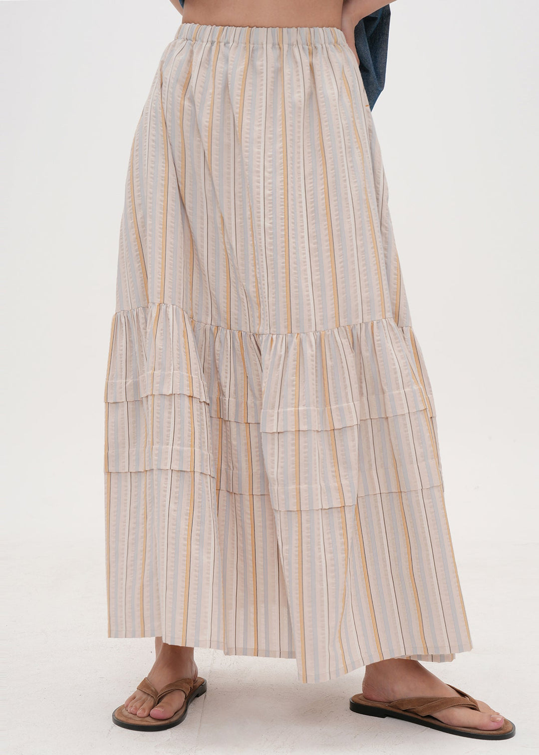 Bohemian Apricot Striped Patchwork Cotton Skirt Summer