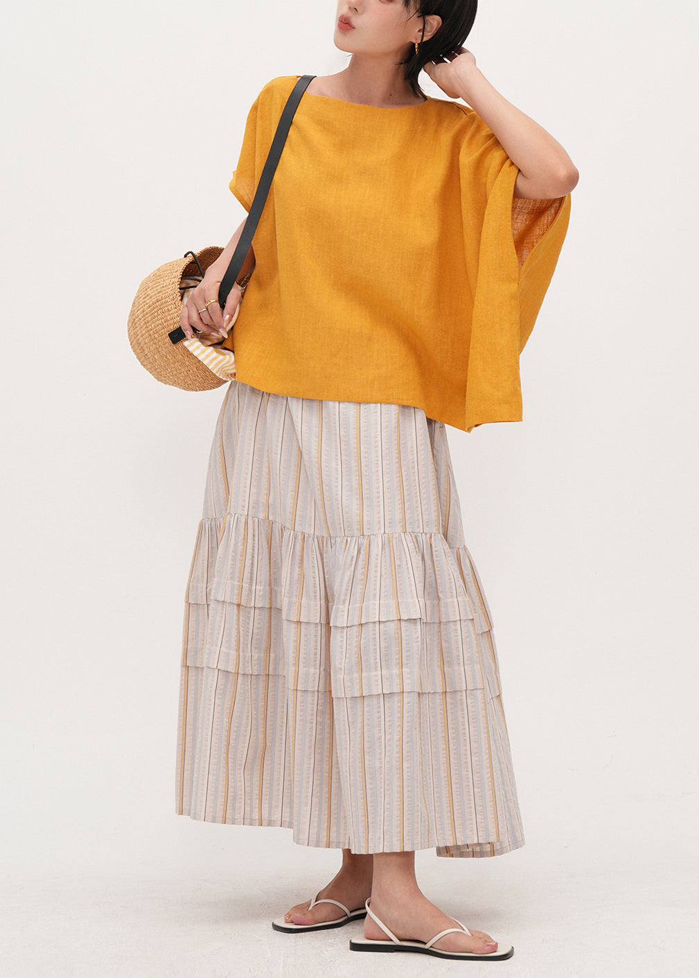Bohemian Apricot Striped Patchwork Cotton Skirt Summer