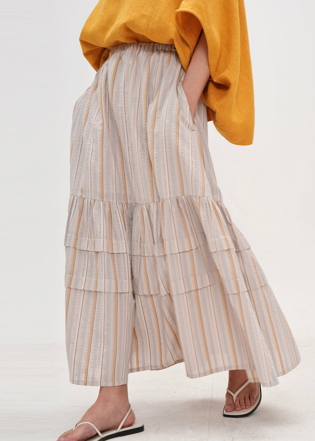 Bohemian Apricot Striped Patchwork Cotton Skirt Summer