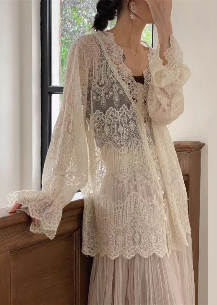 Bohemian Apricot V Neck Button Lace Shirt Butterfly Sleeve
