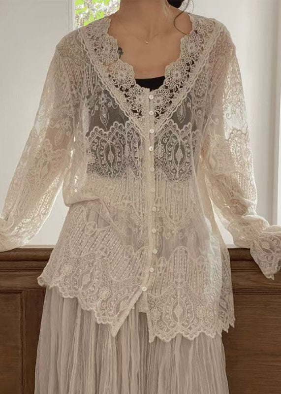 Bohemian Apricot V Neck Button Lace Shirt Butterfly Sleeve