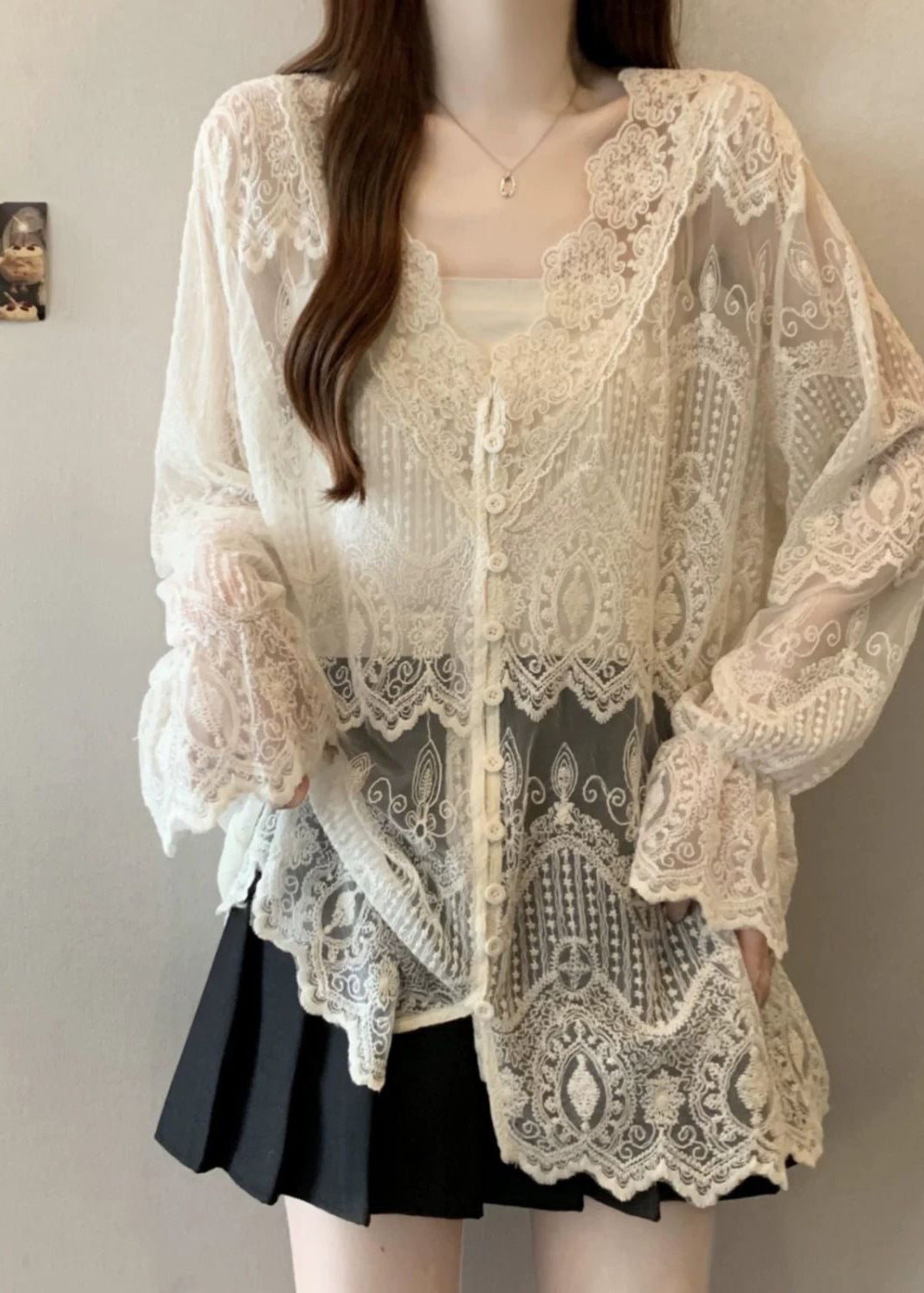 Bohemian Apricot V Neck Button Lace Shirt Butterfly Sleeve