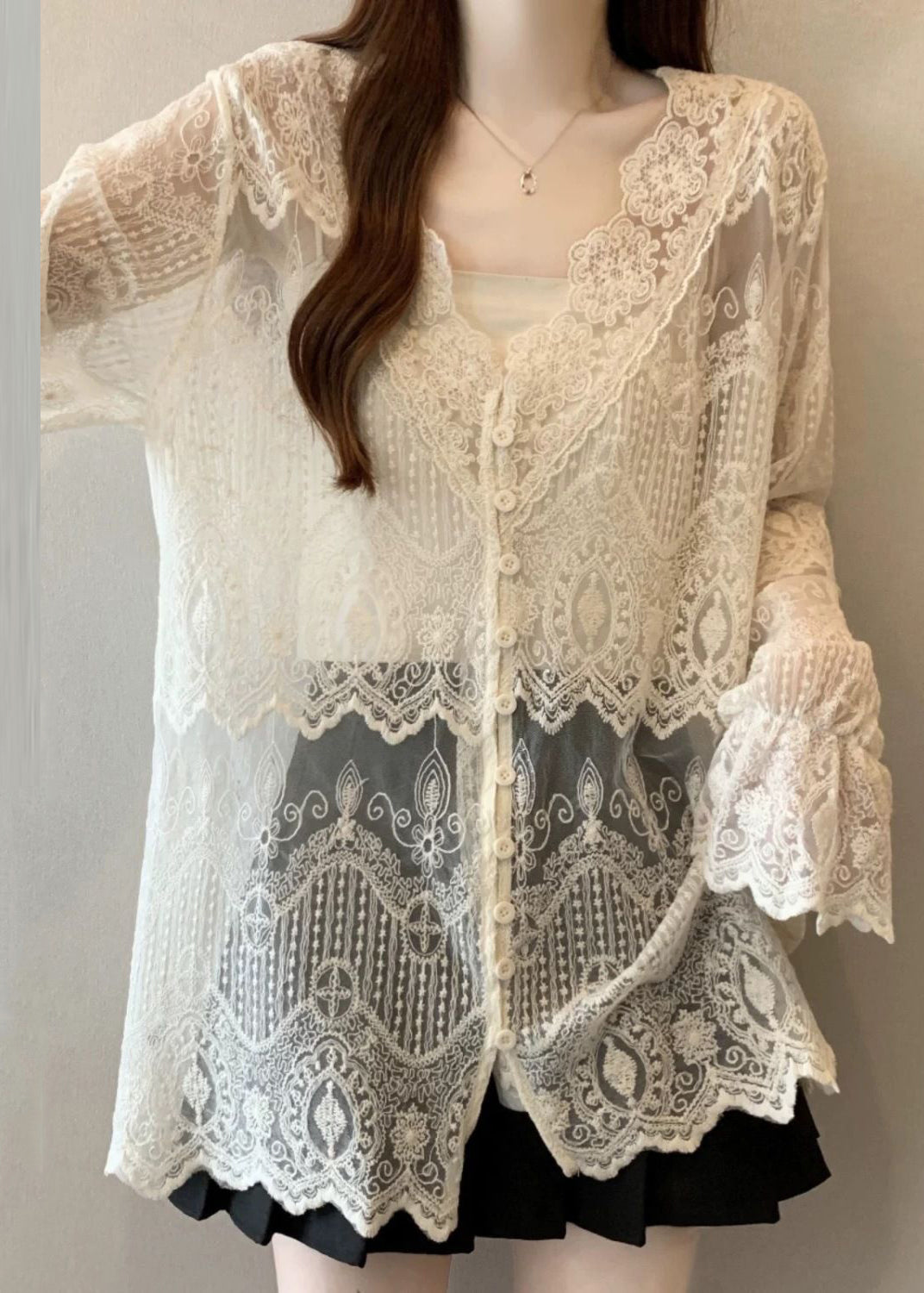 Bohemian Apricot V Neck Button Lace Shirt Butterfly Sleeve
