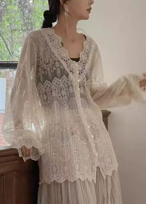 Bohemian Apricot V Neck Button Lace Shirt Butterfly Sleeve