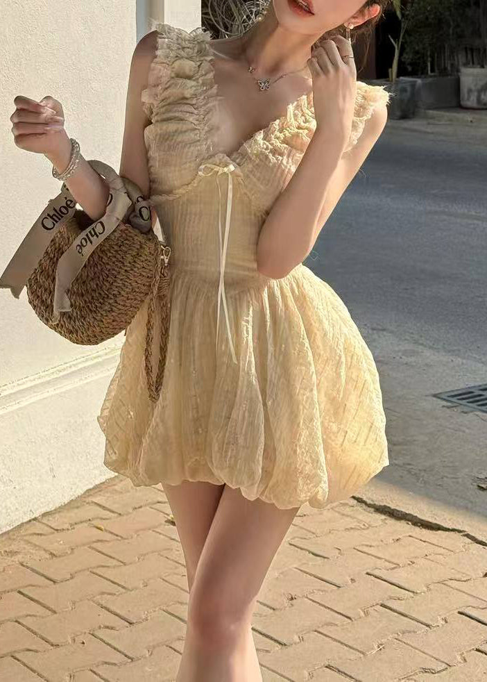 Bohemian Apricot V Neck Ruffled High Waist Tulle Mini Dress Sleeveless