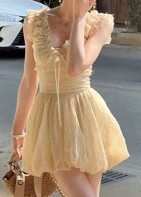 Bohemian Apricot V Neck Ruffled High Waist Tulle Mini Dress Sleeveless