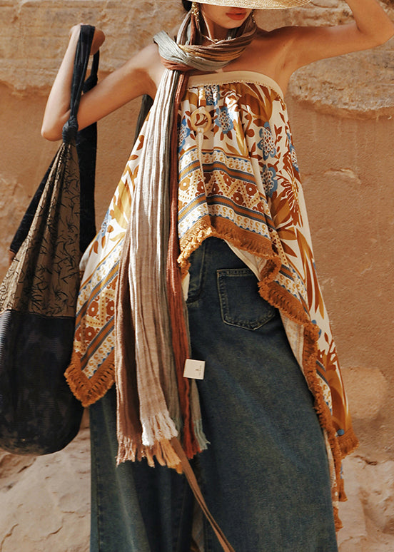 Bohemian Asymmetrical Print Cotton Tops Or Skirts Sleeveless