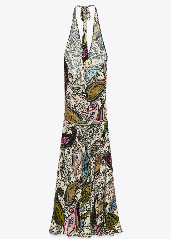 Bohemian Backless Print Lace Up Cotton Maxi Dress Sleeveless