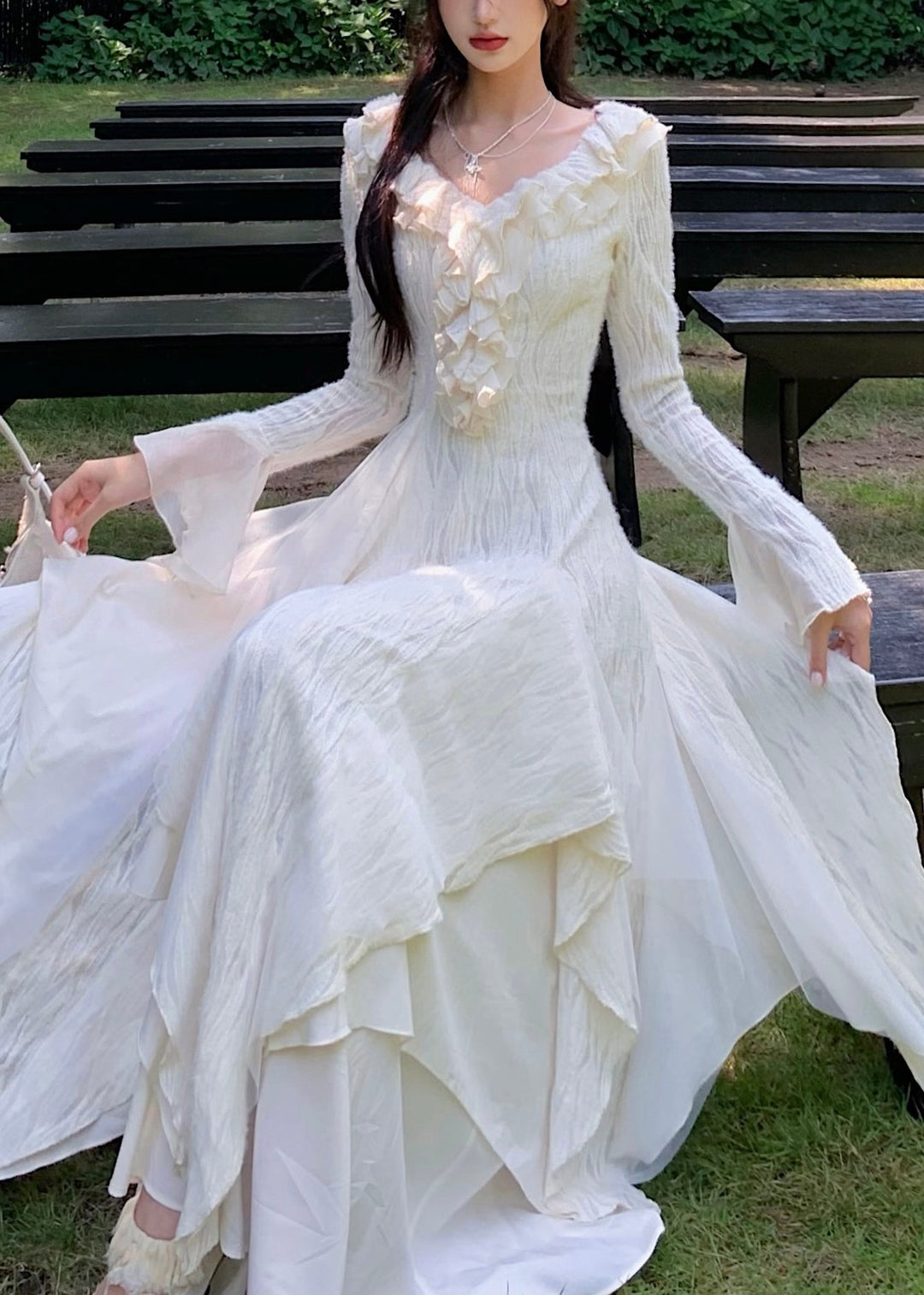 Bohemian Beige Asymmetrical Ruffled Tulle Patchwork Cotton Dresses Flare Sleeve