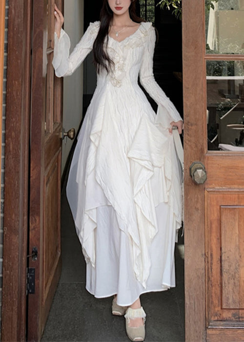 Bohemian Beige Asymmetrical Ruffled Tulle Patchwork Cotton Dresses Flare Sleeve