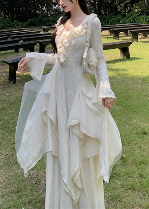 Bohemian Beige Asymmetrical Ruffled Tulle Patchwork Cotton Dresses Flare Sleeve