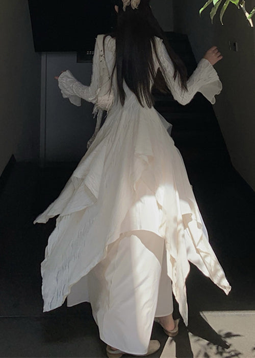 Bohemian Beige Asymmetrical Ruffled Tulle Patchwork Cotton Dresses Flare Sleeve